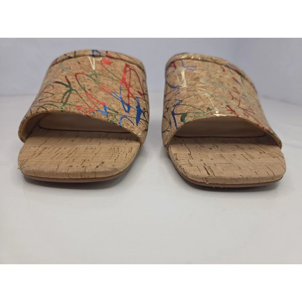 Chocolat Blu Cindy Cork Sandals Paint Splatter Graffiti Heeled Mules Sz 9 NWOB
